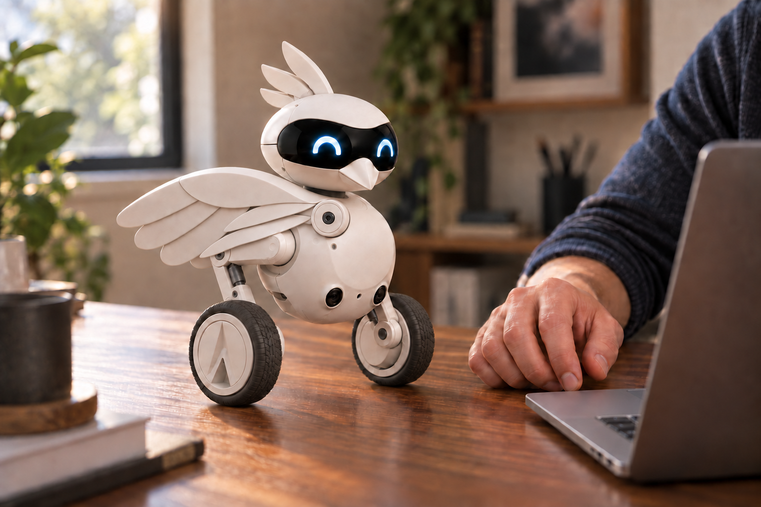 Future design concept of a compact matte-white Phoenix robot with expressive eyes, three crest feathers, folded mechanical wings, and articulated wheels, beside a person's hand on a desk.
