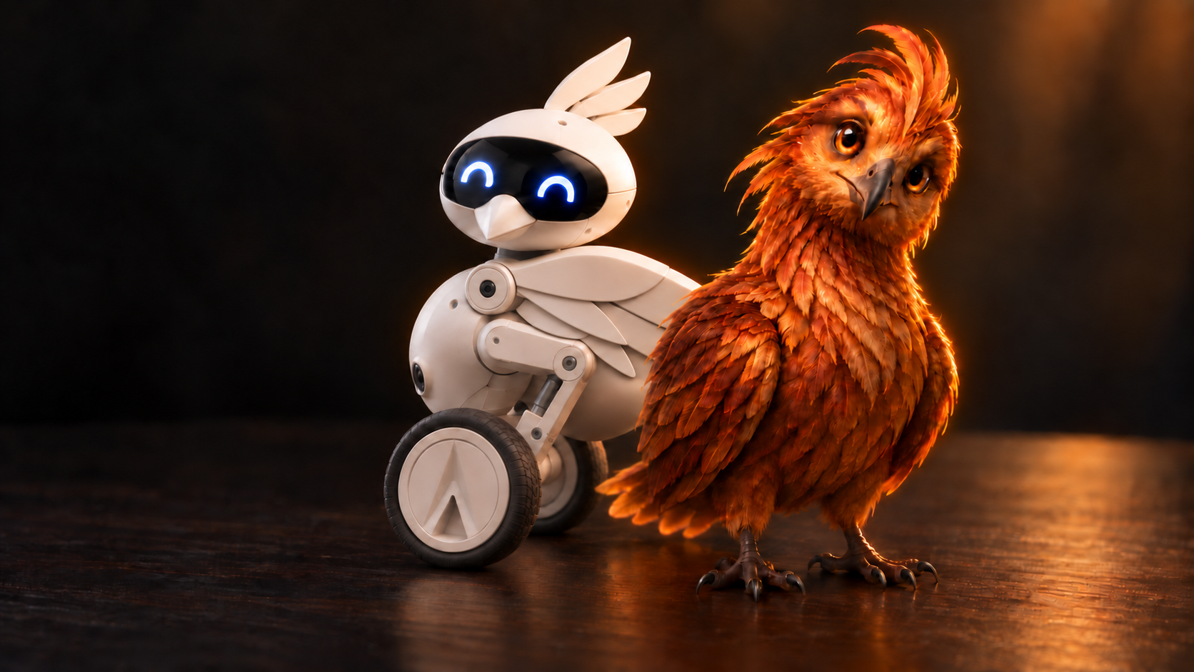 Design concept: a golden Phoenix beside its similarly sized matte-white robotic form, with a turned head, three crest feathers, folded wings, and articulated wheel arms.
